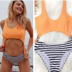New! Vibrant Orange Stipe Bottom Bikini Or One Piece Tie Bow Sides Swimsuit